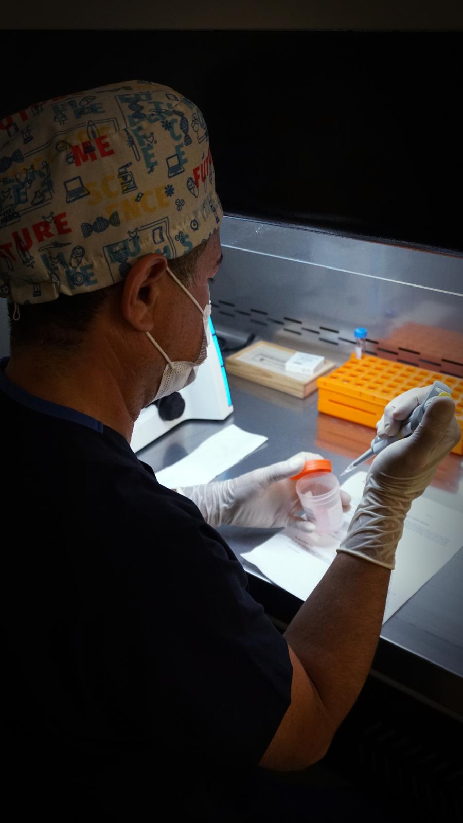 L'embryologiste au travail sous la hotte à flux laminaire chez Fertina IVF