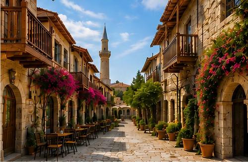 Ruelle de vieille ville avec terrasses de café à Chypre du Nord